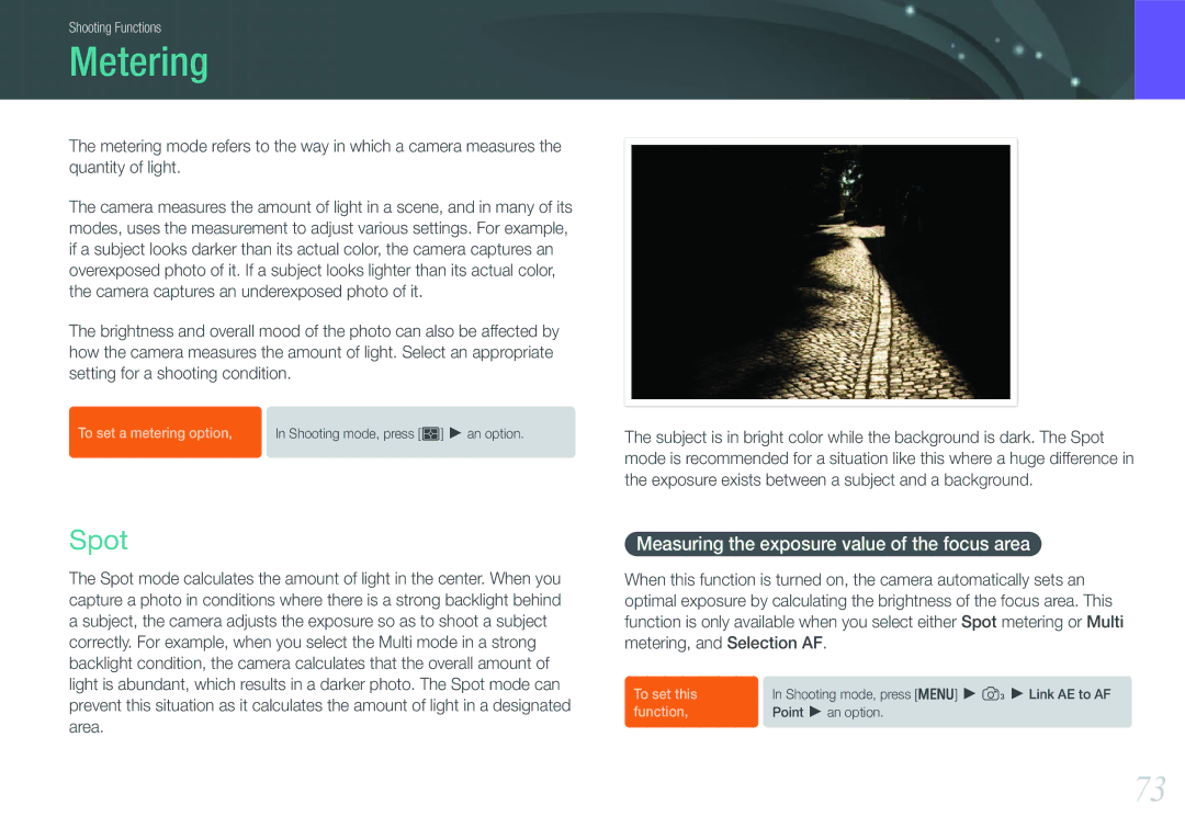 Samsung EV-NX11ZZBABES, EV-NX11ZZBCBDE, EV-NX11ZZBABUS manual Metering, Spot, Measuring the exposure value of the focus area 