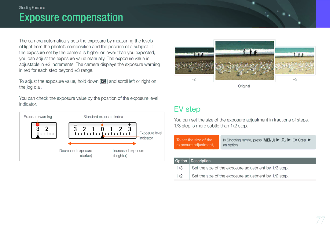 Samsung EV-NX11ZZBABIR, EV-NX11ZZBCBDE, EV-NX11ZZBABUS, EV-NX11ZZBABDE, EV-NX11ZZBABFR manual Exposure compensation, EV step 