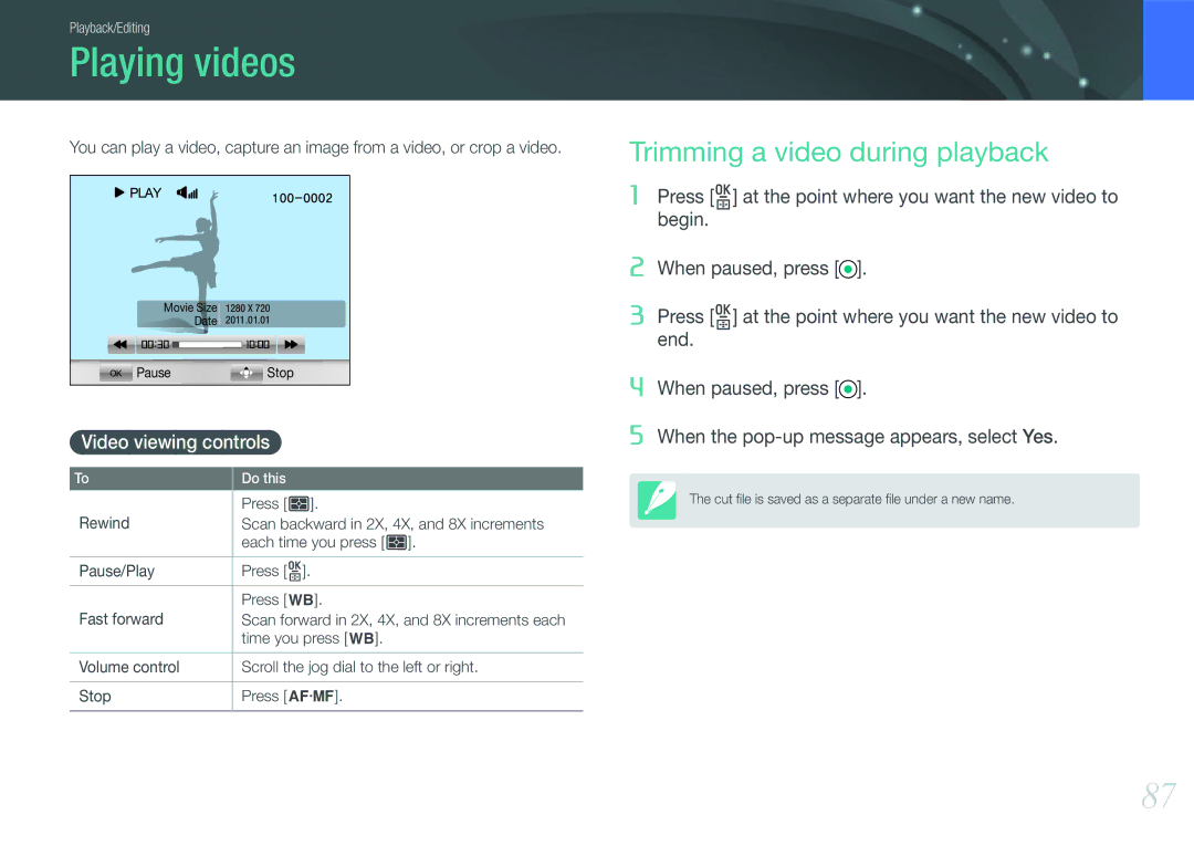 Samsung EV-NX11ZZBBBRU, EV-NX11ZZBCBDE manual Playing videos, Trimming a video during playback, Video viewing controls 