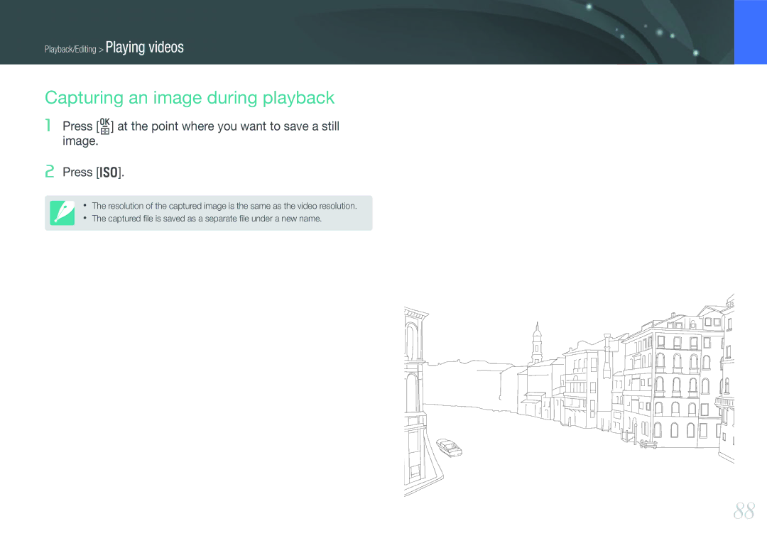 Samsung EV-NX11ZZBABRU manual Capturing an image during playback, Press o at the point where you want to save a still image 