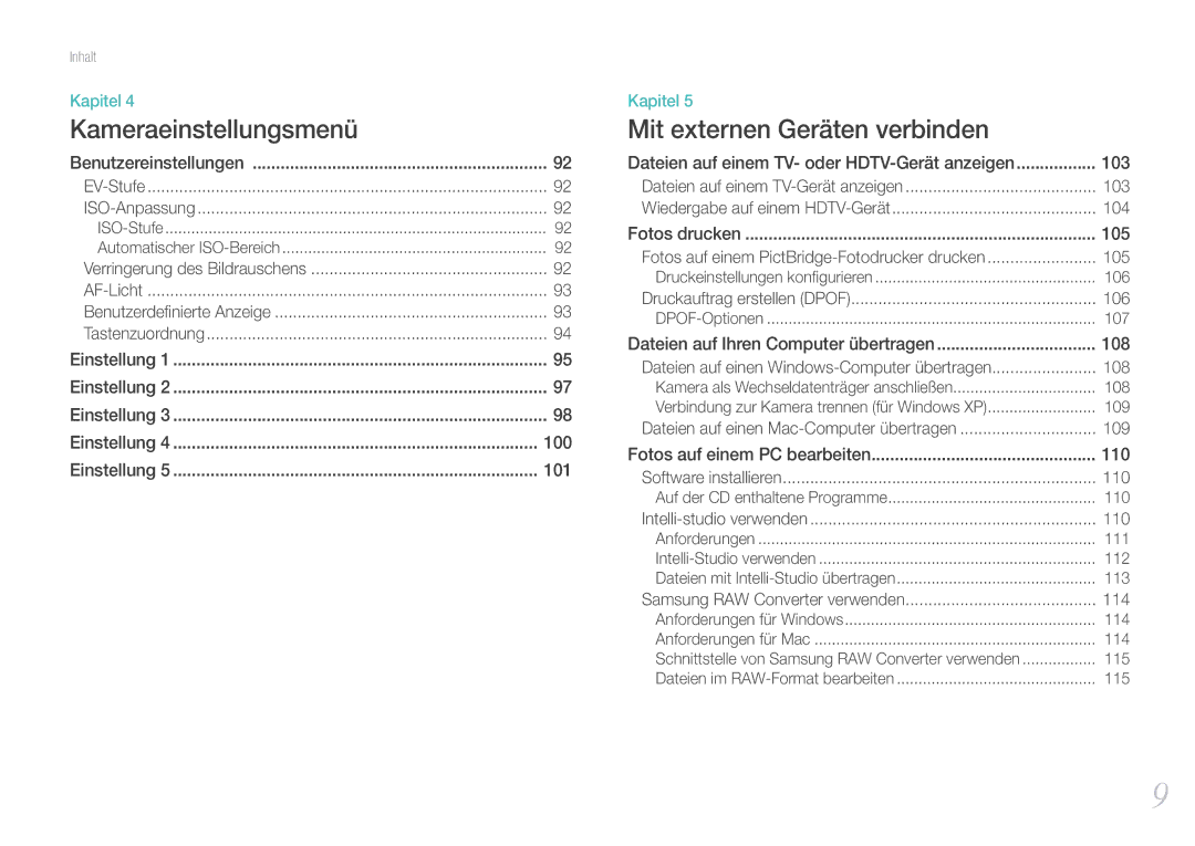 Samsung EV-NX11ZZBABDE, EV-NX11ZZBCBDE, EV-NX11ZZBABUS, EV-NX11ZZBABFR manual Kameraeinstellungsmenü 