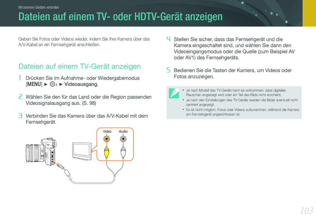 Samsung EV-NX11ZZBCBDE manual Dateien auf einem TV- oder HDTV-Gerät anzeigen, 103, Dateien auf einem TV-Gerät anzeigen 