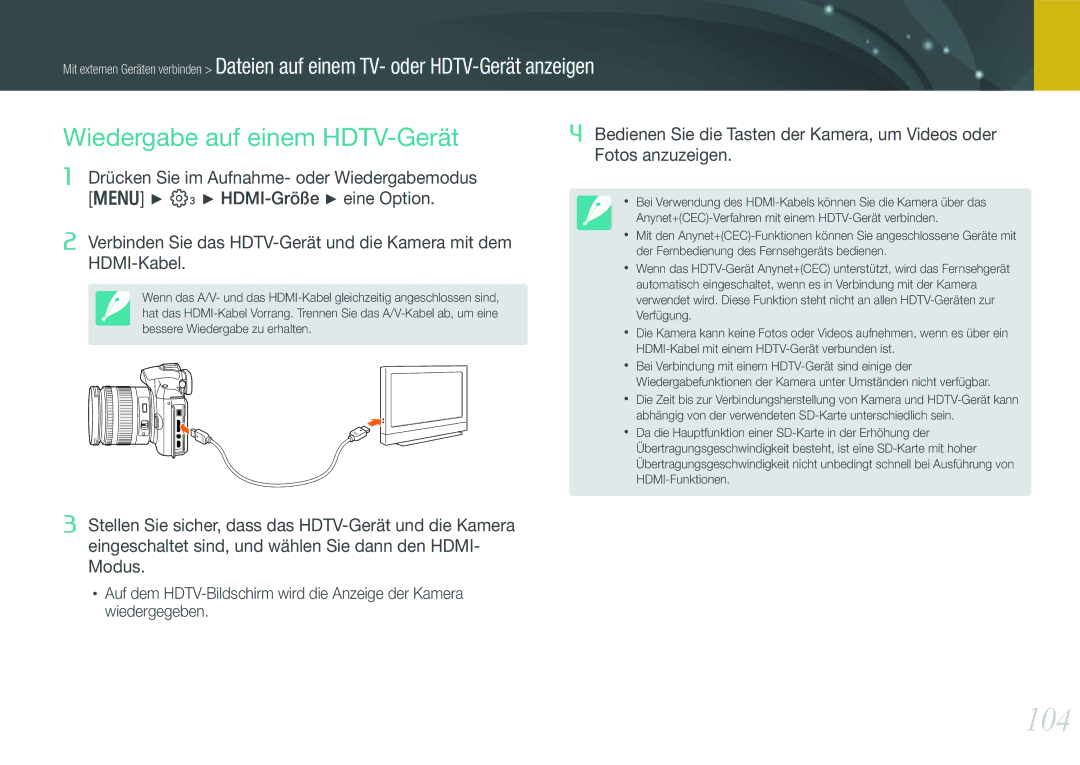 Samsung EV-NX11ZZBABUS, EV-NX11ZZBCBDE, EV-NX11ZZBABDE, EV-NX11ZZBABFR manual 104, Wiedergabe auf einem HDTV-Gerät 