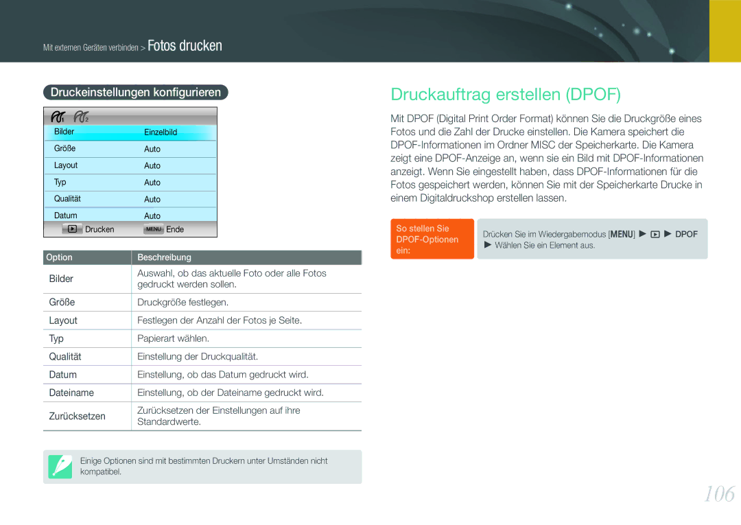 Samsung EV-NX11ZZBABFR, EV-NX11ZZBCBDE, EV-NX11ZZBABUS 106, Druckauftrag erstellen Dpof, Druckeinstellungen konﬁgurieren 