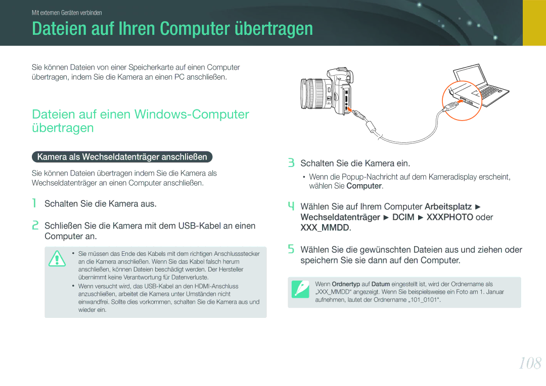 Samsung EV-NX11ZZBABUS manual Dateien auf Ihren Computer übertragen, 108, Dateien auf einen Windows-Computer übertragen 