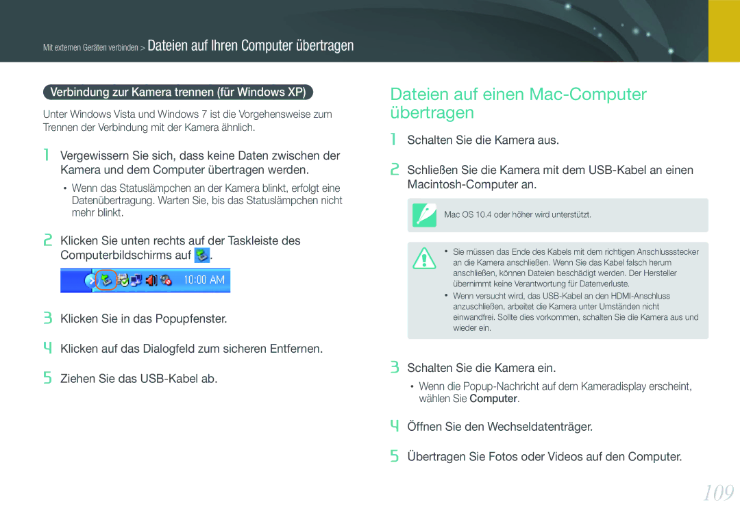 Samsung EV-NX11ZZBABDE manual 109, Dateien auf einen Mac-Computer übertragen, Verbindung zur Kamera trennen für Windows XP 