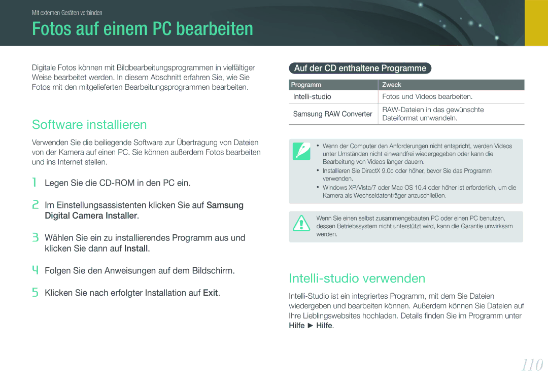 Samsung EV-NX11ZZBABFR, EV-NX11ZZBCBDE Fotos auf einem PC bearbeiten, 110, Software installieren, Intelli-studio verwenden 