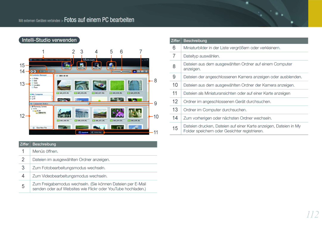 Samsung EV-NX11ZZBABUS, EV-NX11ZZBCBDE, EV-NX11ZZBABDE, EV-NX11ZZBABFR manual 112, Intelli-Studio verwenden 
