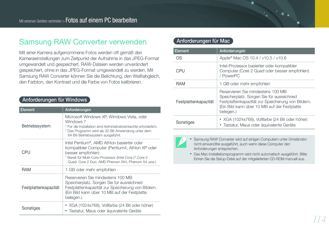 Samsung EV-NX11ZZBABFR manual 114, Samsung RAW Converter verwenden, Anforderungen für Windows, Anforderungen für Mac 