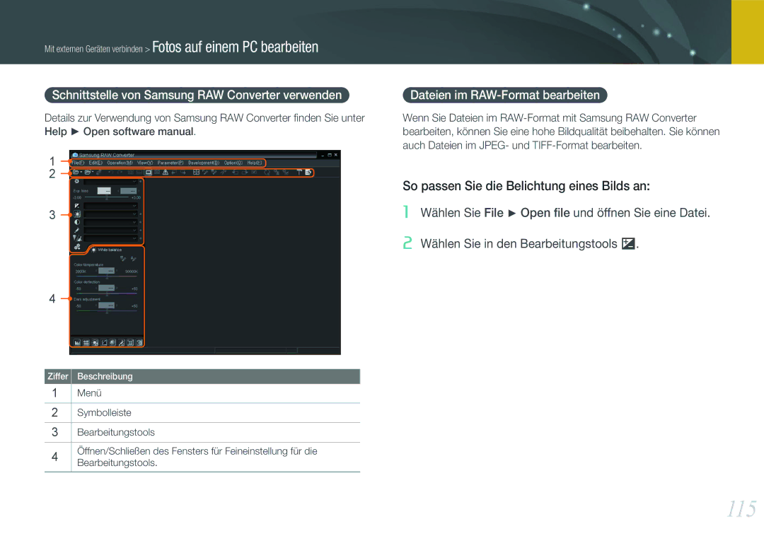 Samsung EV-NX11ZZBCBDE manual 115, Schnittstelle von Samsung RAW Converter verwenden, Dateien im RAW-Format bearbeiten 