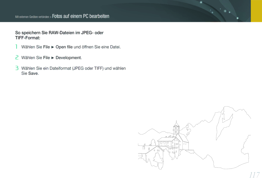 Samsung EV-NX11ZZBABDE, EV-NX11ZZBCBDE, EV-NX11ZZBABUS manual 117, So speichern Sie RAW-Dateien im JPEG- oder TIFF-Format 