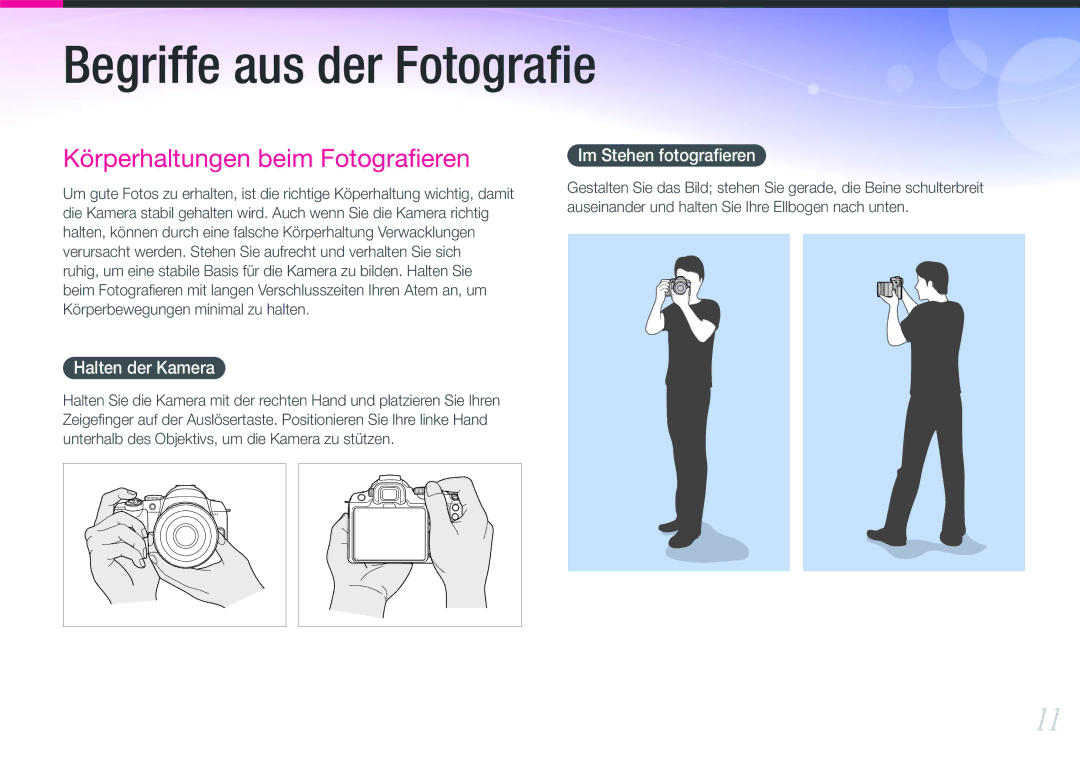 Samsung EV-NX11ZZBCBDE, EV-NX11ZZBABUS, EV-NX11ZZBABDE, EV-NX11ZZBABFR manual Halten der Kamera, Im Stehen fotograﬁeren 
