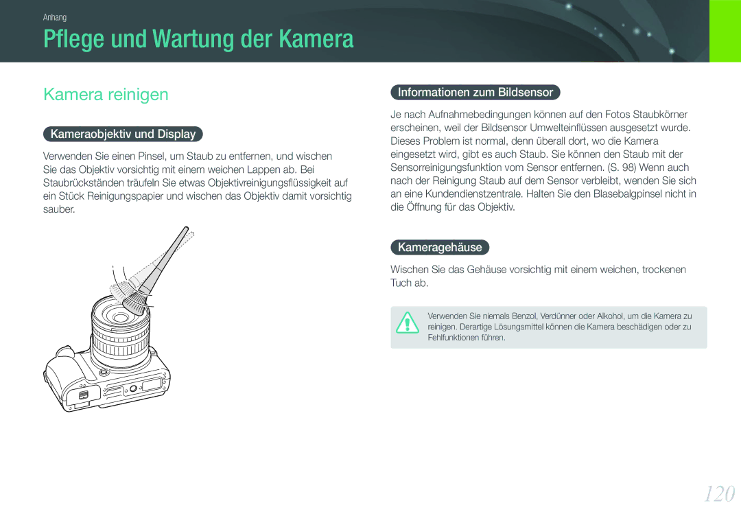 Samsung EV-NX11ZZBABUS manual 120, Kamera reinigen, Kameraobjektiv und Display, Informationen zum Bildsensor, Kameragehäuse 