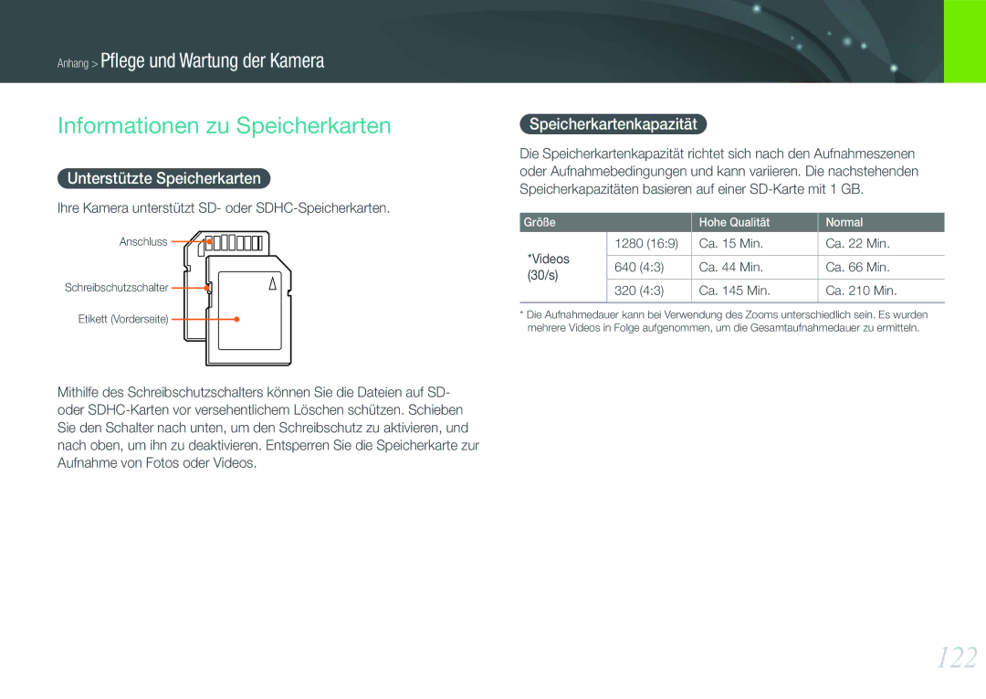 Samsung EV-NX11ZZBABFR manual 122, Informationen zu Speicherkarten, Unterstützte Speicherkarten, Speicherkartenkapazität 