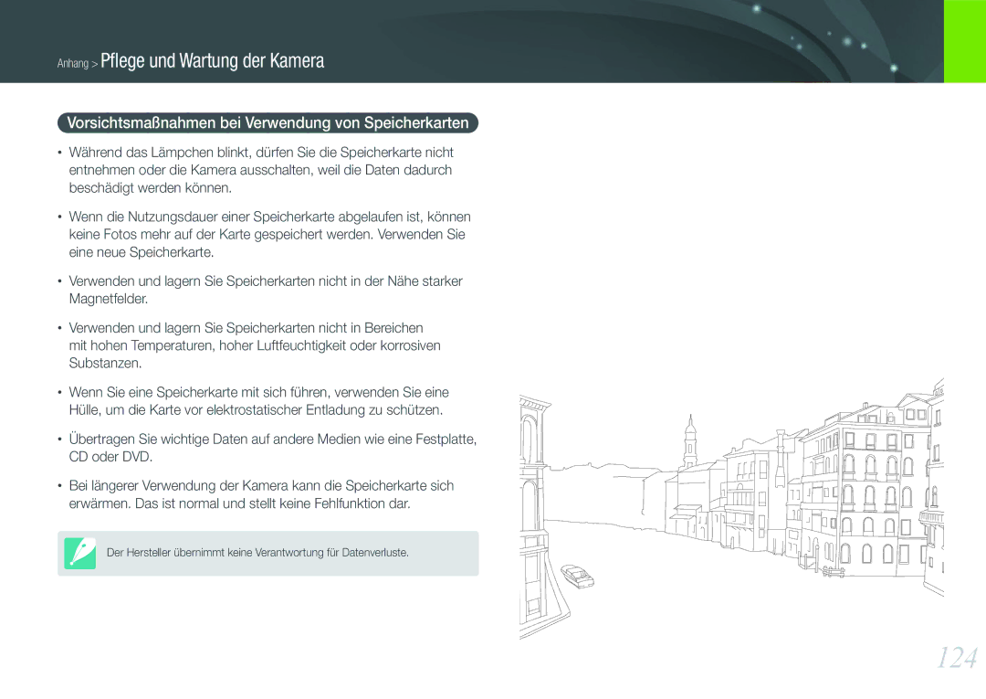 Samsung EV-NX11ZZBABUS, EV-NX11ZZBCBDE, EV-NX11ZZBABDE manual 124, Vorsichtsmaßnahmen bei Verwendung von Speicherkarten 