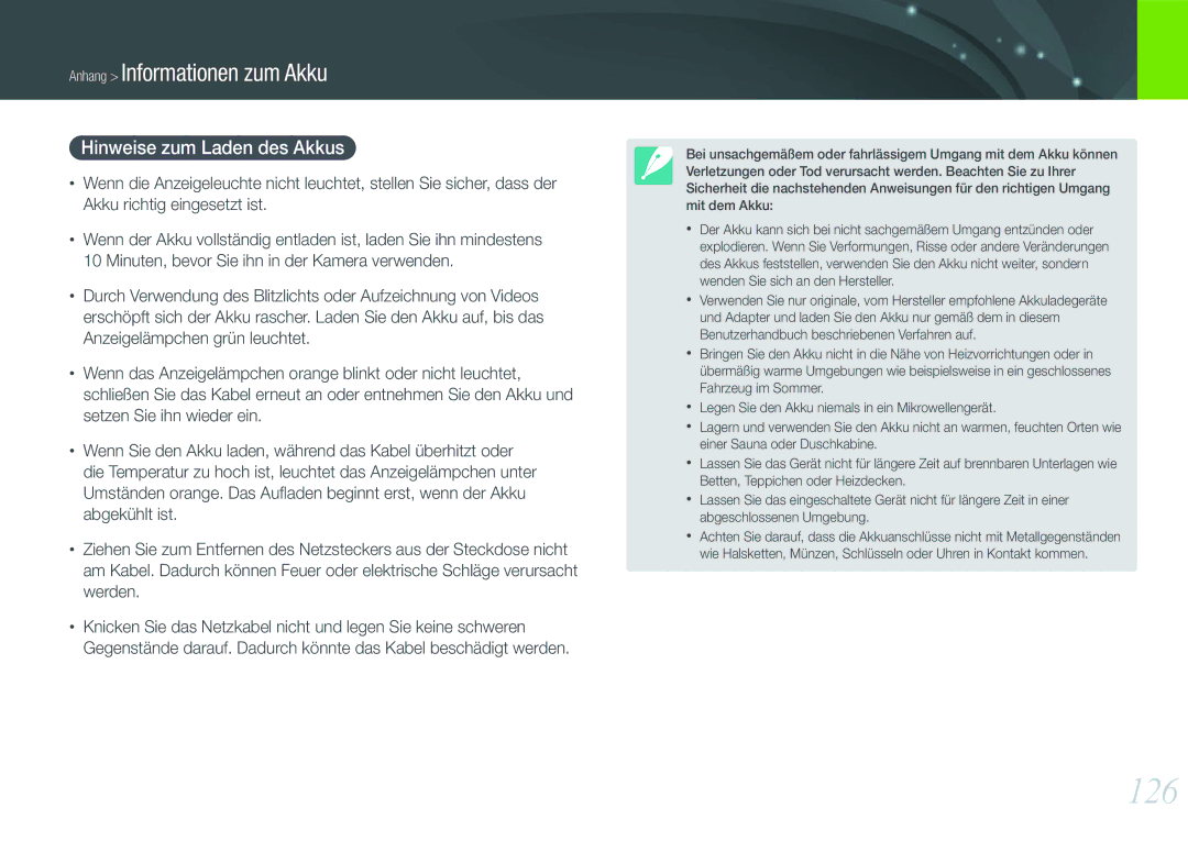 Samsung EV-NX11ZZBABFR, EV-NX11ZZBCBDE, EV-NX11ZZBABUS, EV-NX11ZZBABDE manual 126, Hinweise zum Laden des Akkus 