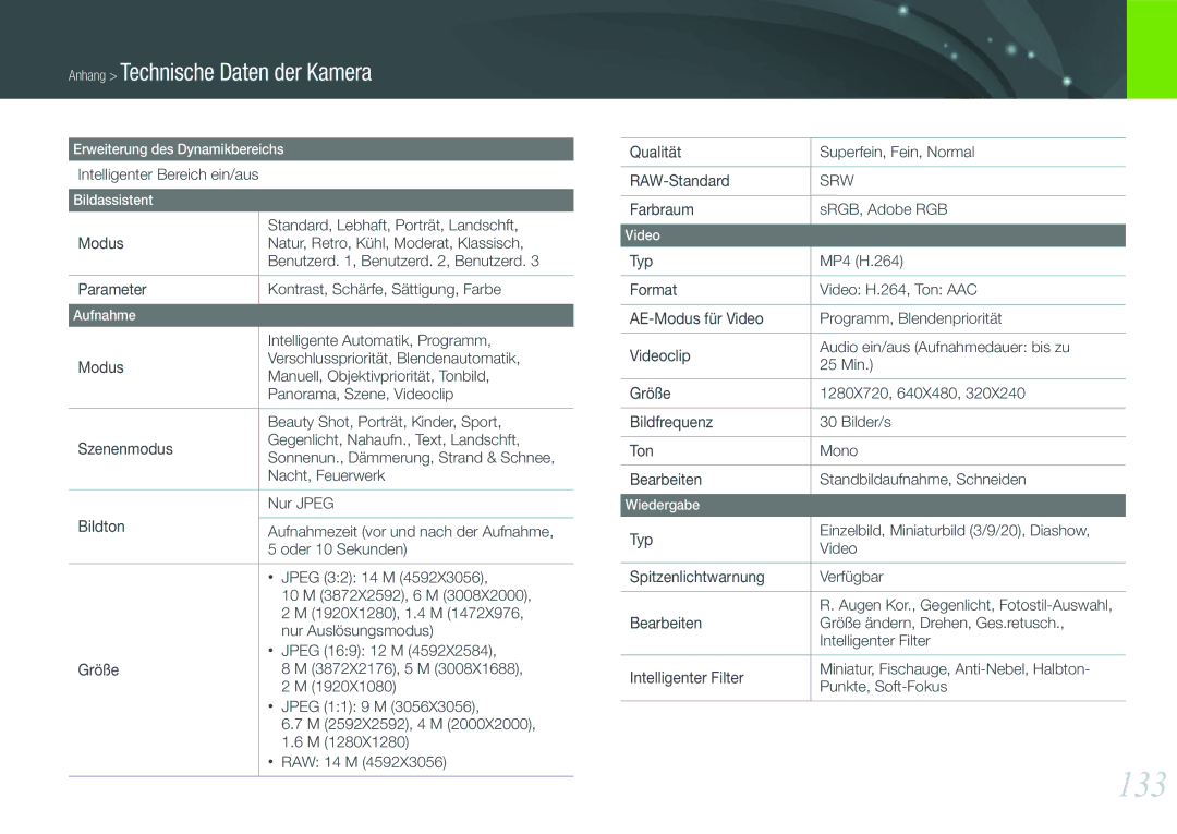 Samsung EV-NX11ZZBABDE, EV-NX11ZZBCBDE, EV-NX11ZZBABUS, EV-NX11ZZBABFR manual 133 