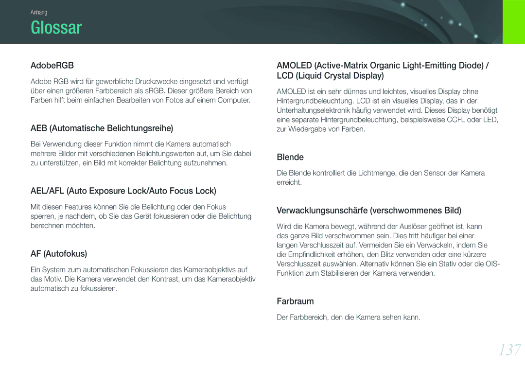 Samsung EV-NX11ZZBABDE, EV-NX11ZZBCBDE, EV-NX11ZZBABUS, EV-NX11ZZBABFR manual Glossar, 137 