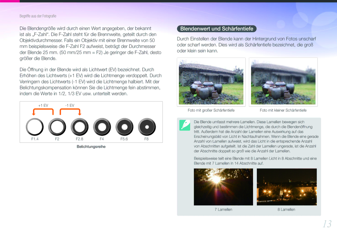 Samsung EV-NX11ZZBABDE, EV-NX11ZZBCBDE, EV-NX11ZZBABUS, EV-NX11ZZBABFR manual Blendenwert und Schärfentiefe 