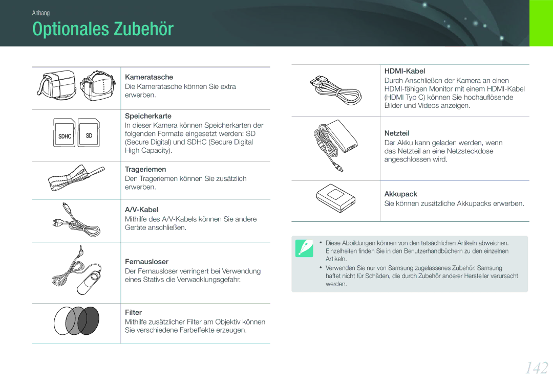 Samsung EV-NX11ZZBABFR, EV-NX11ZZBCBDE, EV-NX11ZZBABUS, EV-NX11ZZBABDE manual Optionales Zubehör, 142 