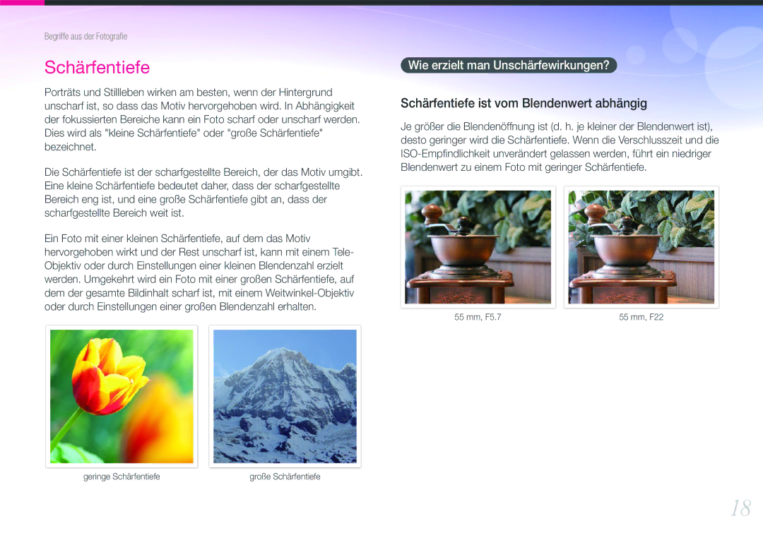 Samsung EV-NX11ZZBABFR, EV-NX11ZZBCBDE, EV-NX11ZZBABUS, EV-NX11ZZBABDE Schärfentiefe, Wie erzielt man Unschärfewirkungen? 