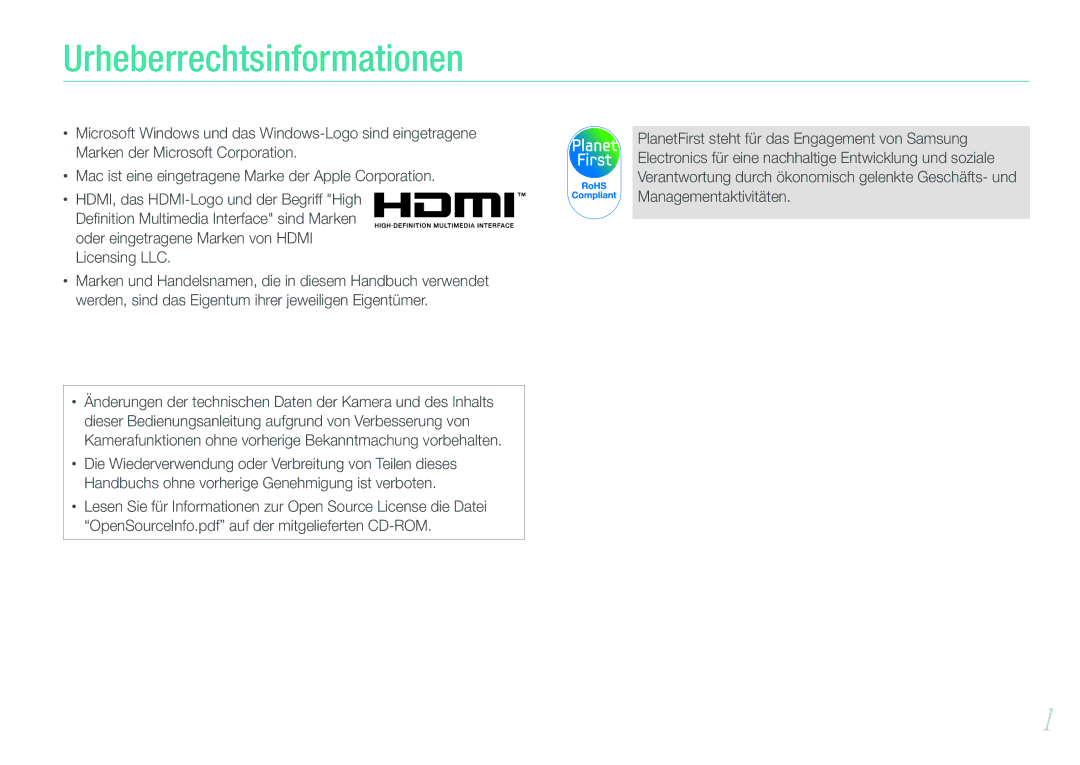 Samsung EV-NX11ZZBABDE, EV-NX11ZZBCBDE, EV-NX11ZZBABUS, EV-NX11ZZBABFR manual Urheberrechtsinformationen 