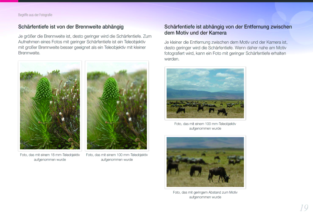 Samsung EV-NX11ZZBCBDE, EV-NX11ZZBABUS, EV-NX11ZZBABDE, EV-NX11ZZBABFR manual Schärfentiefe ist von der Brennweite abhängig 