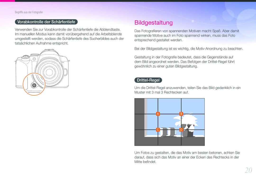 Samsung EV-NX11ZZBABUS, EV-NX11ZZBCBDE, EV-NX11ZZBABDE, EV-NX11ZZBABFR manual Vorabkontrolle der Schärfentiefe, Drittel-Regel 