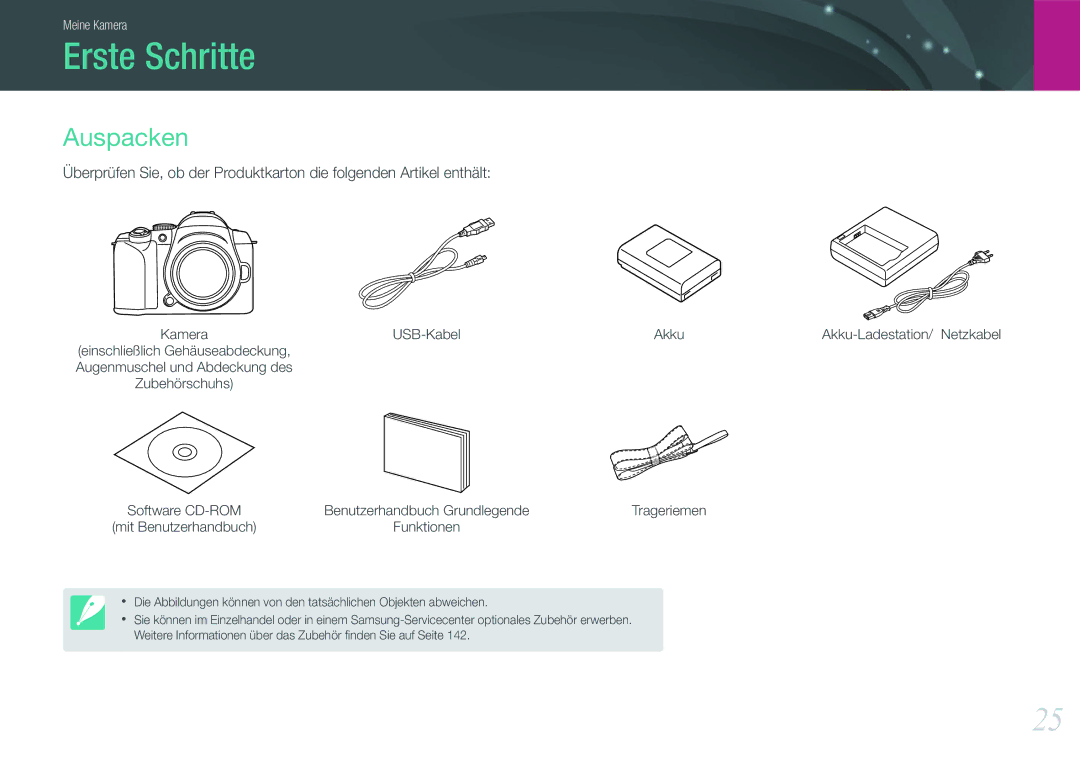 Samsung EV-NX11ZZBABDE, EV-NX11ZZBCBDE, EV-NX11ZZBABUS, EV-NX11ZZBABFR manual Erste Schritte, Auspacken, USB-Kabel Akku 