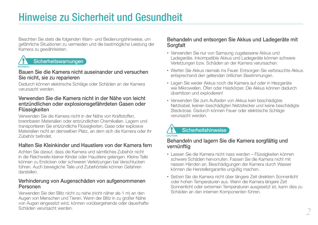 Samsung EV-NX11ZZBABFR, EV-NX11ZZBCBDE, EV-NX11ZZBABUS, EV-NX11ZZBABDE manual Sicherheitswarnungen, Sicherheitshinweise 