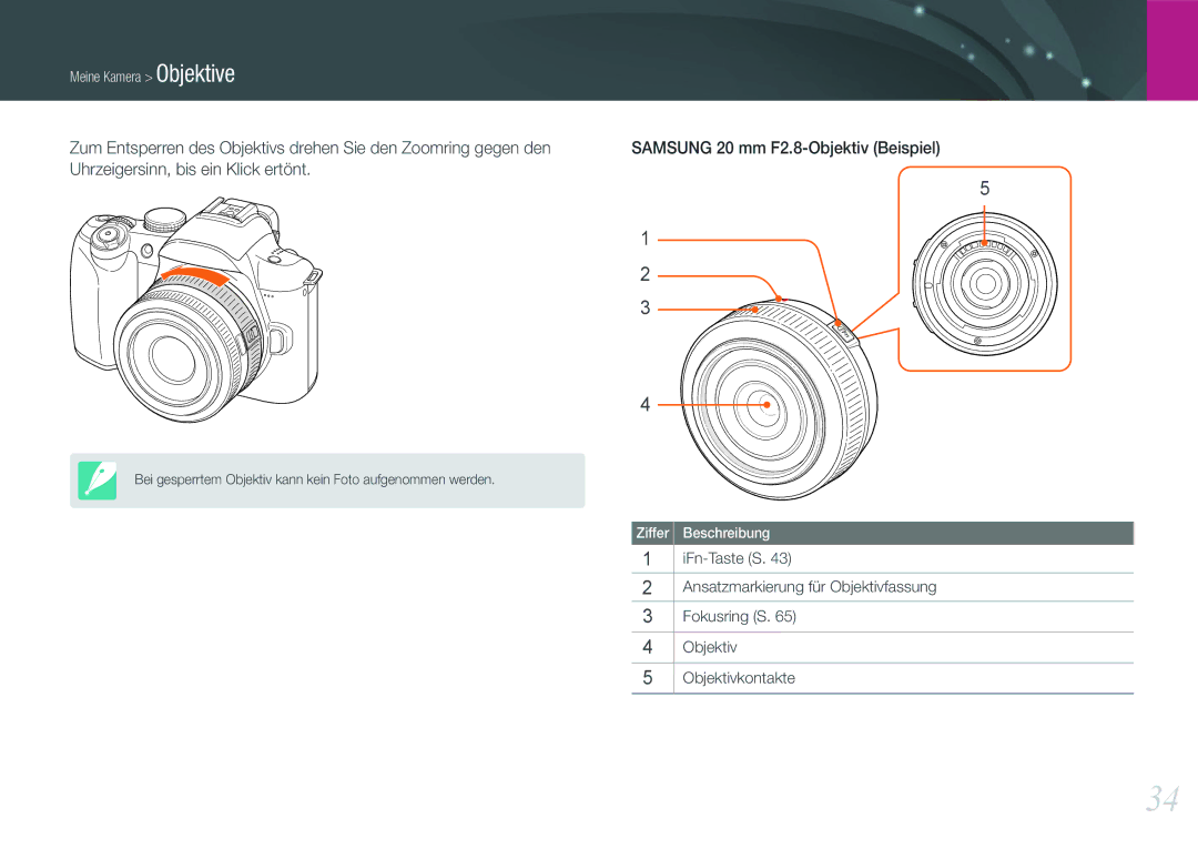 Samsung EV-NX11ZZBABFR, EV-NX11ZZBCBDE, EV-NX11ZZBABUS, EV-NX11ZZBABDE manual Uhrzeigersinn, bis ein Klick ertönt, Objektiv 