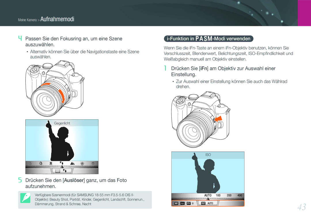 Samsung EV-NX11ZZBCBDE manual Funktion in PASM-Modi verwenden, Drücken Sie iFn am Objektiv zur Auswahl einer Einstellung 