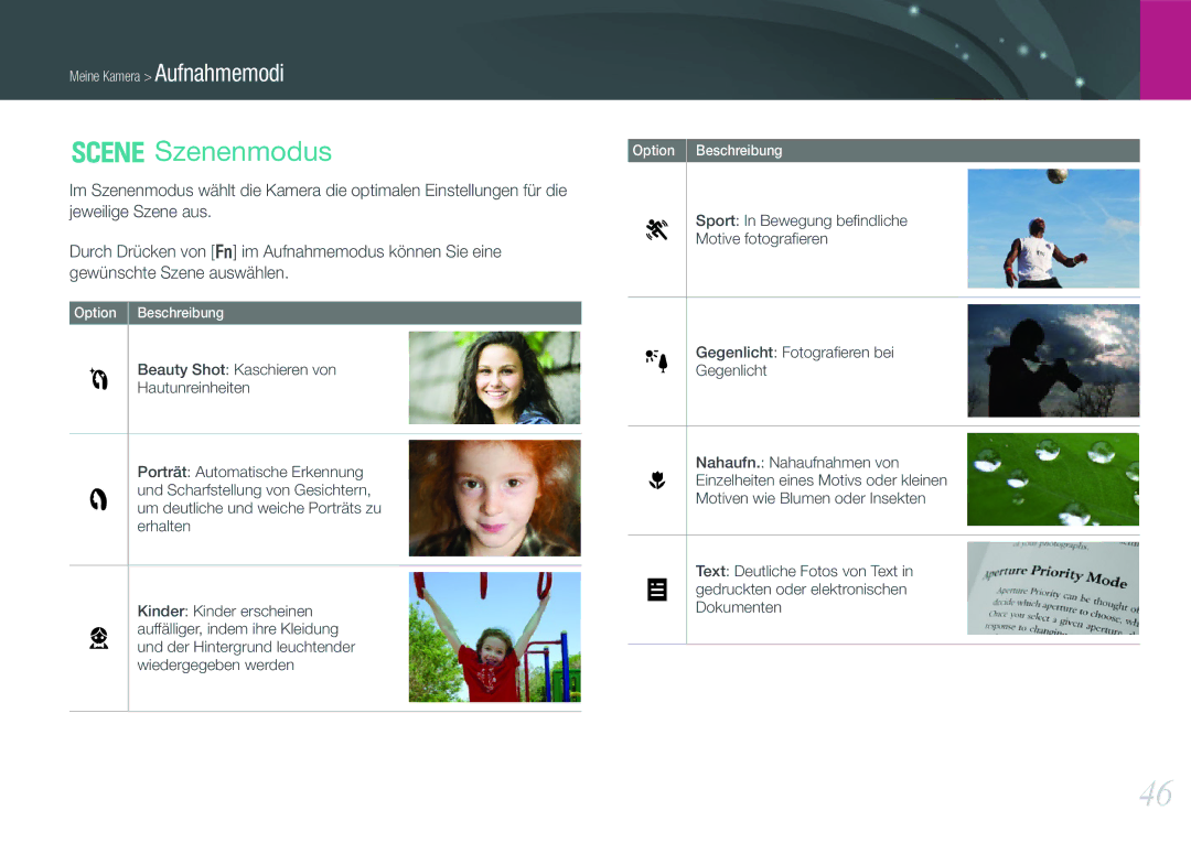 Samsung EV-NX11ZZBABFR, EV-NX11ZZBCBDE, EV-NX11ZZBABUS, EV-NX11ZZBABDE manual Szenenmodus 