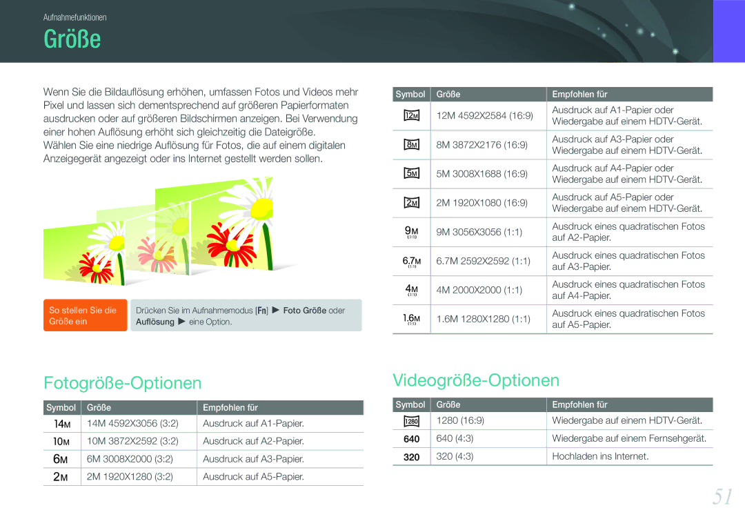 Samsung EV-NX11ZZBCBDE, EV-NX11ZZBABUS, EV-NX11ZZBABDE, EV-NX11ZZBABFR manual Größe, Fotogröße-Optionen, Videogröße-Optionen 