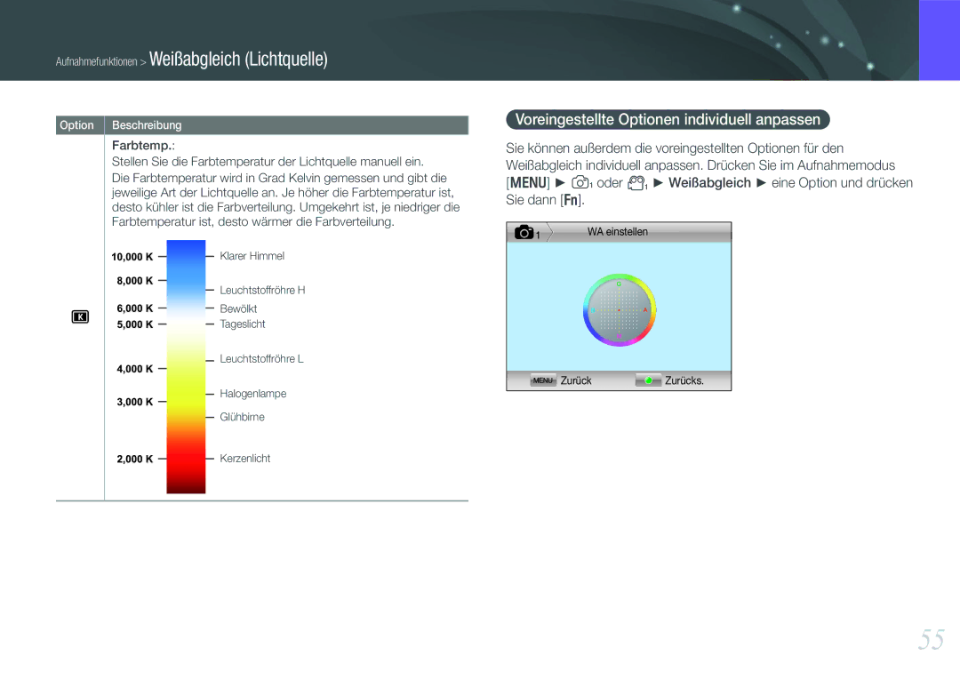 Samsung EV-NX11ZZBCBDE manual Aufnahmefunktionen Weißabgleich Lichtquelle, Voreingestellte Optionen individuell anpassen 