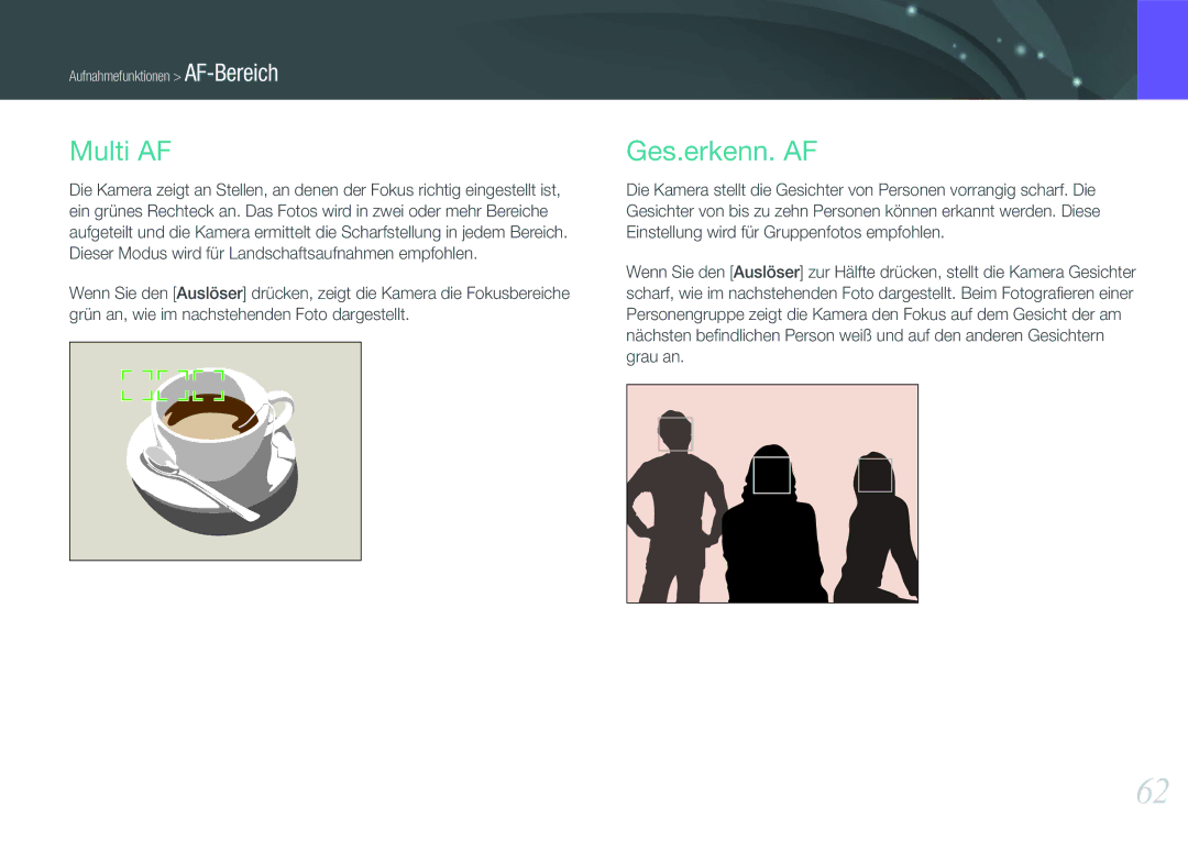 Samsung EV-NX11ZZBABFR, EV-NX11ZZBCBDE, EV-NX11ZZBABUS, EV-NX11ZZBABDE manual Multi AF, Ges.erkenn. AF 