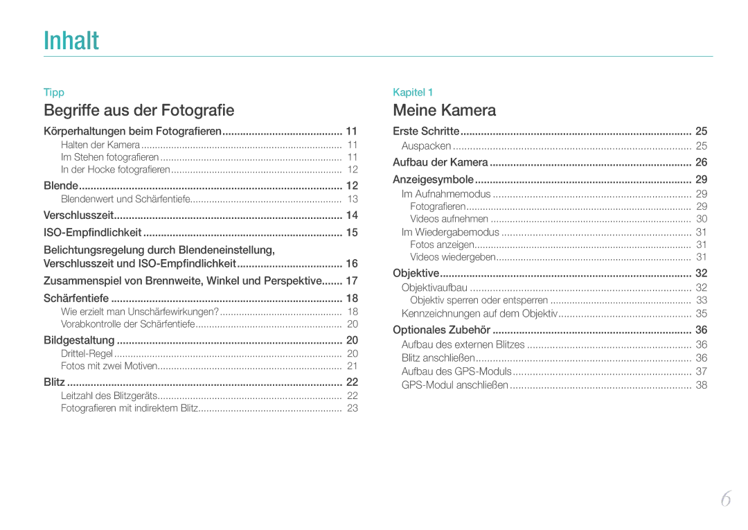 Samsung EV-NX11ZZBABFR, EV-NX11ZZBCBDE, EV-NX11ZZBABUS, EV-NX11ZZBABDE manual Inhalt 