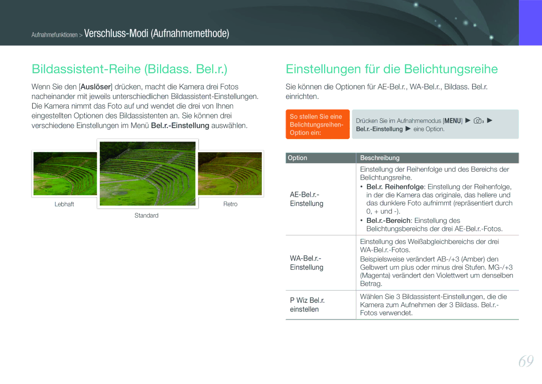 Samsung EV-NX11ZZBABDE, EV-NX11ZZBCBDE manual Bildassistent-Reihe Bildass. Bel.r, Einstellungen für die Belichtungsreihe 