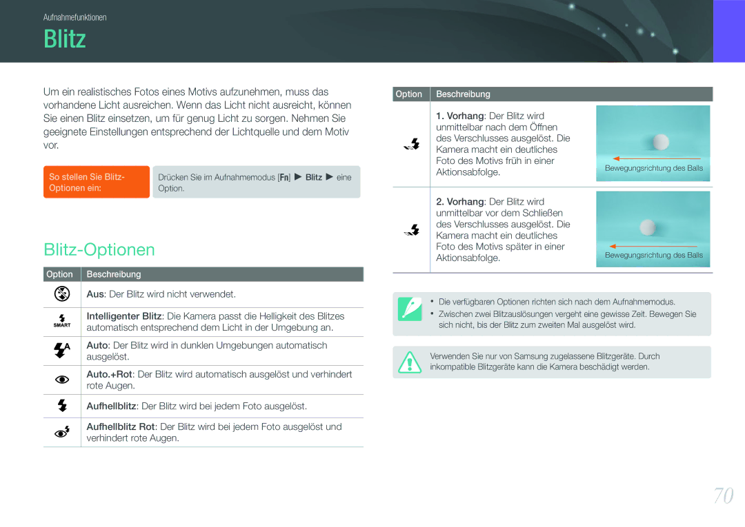 Samsung EV-NX11ZZBABFR, EV-NX11ZZBCBDE, EV-NX11ZZBABUS manual Blitz-Optionen, Aus Der Blitz wird nicht verwendet 