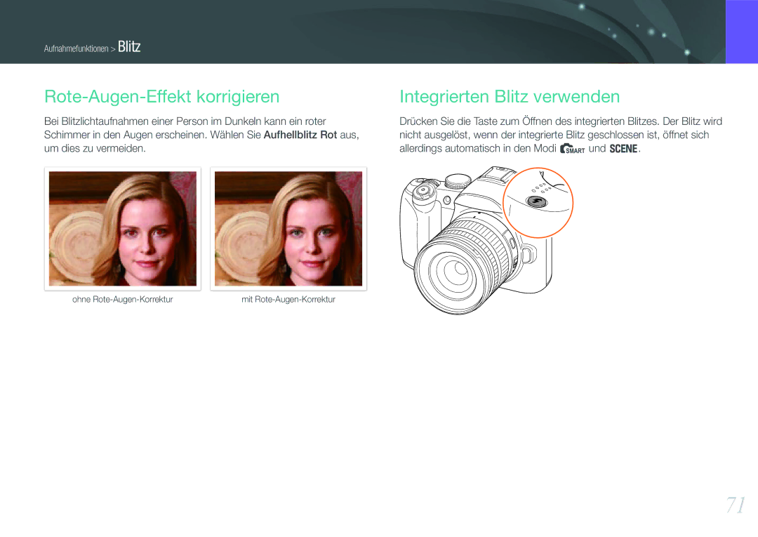 Samsung EV-NX11ZZBCBDE, EV-NX11ZZBABUS, EV-NX11ZZBABDE manual Rote-Augen-Effekt korrigieren, Integrierten Blitz verwenden 