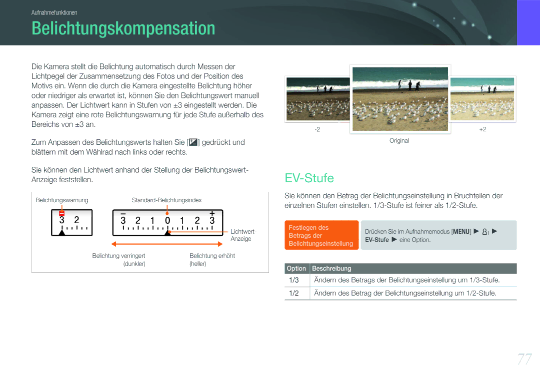 Samsung EV-NX11ZZBABDE manual Belichtungskompensation, EV-Stufe, Ändern des Betrags der Belichtungseinstellung um 1/3-Stufe 