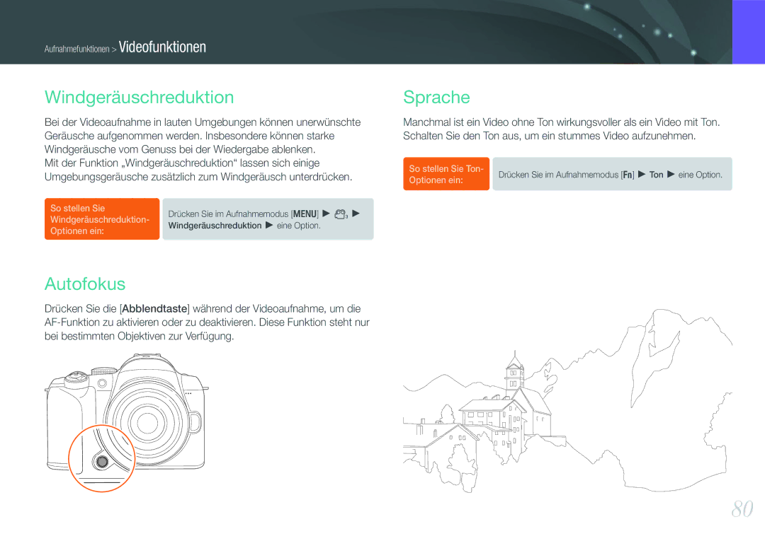 Samsung EV-NX11ZZBABUS, EV-NX11ZZBCBDE, EV-NX11ZZBABDE, EV-NX11ZZBABFR manual Windgeräuschreduktion, Autofokus, Sprache 