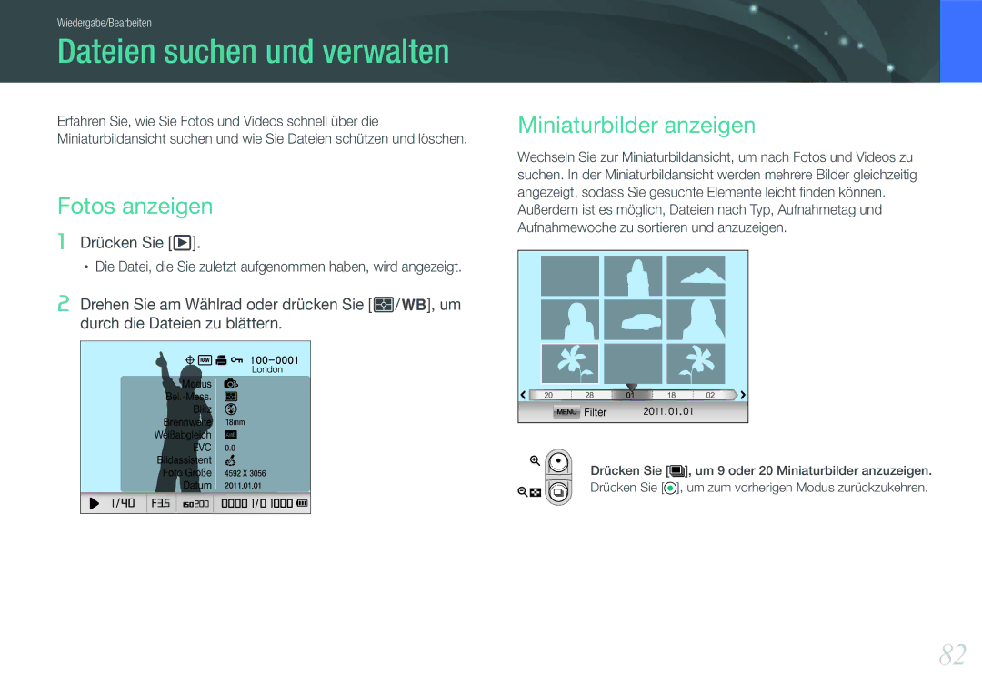 Samsung EV-NX11ZZBABFR, EV-NX11ZZBCBDE manual Dateien suchen und verwalten, Fotos anzeigen, Miniaturbilder anzeigen 