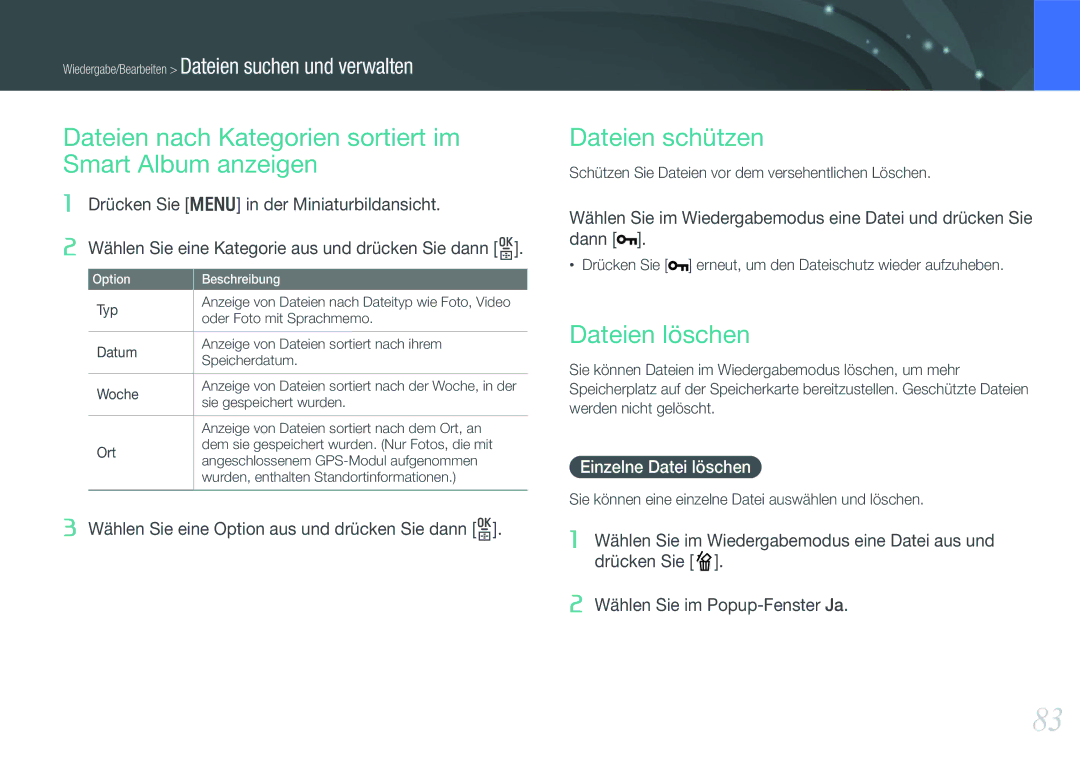 Samsung EV-NX11ZZBCBDE manual Dateien nach Kategorien sortiert im Smart Album anzeigen, Dateien schützen, Dateien löschen 
