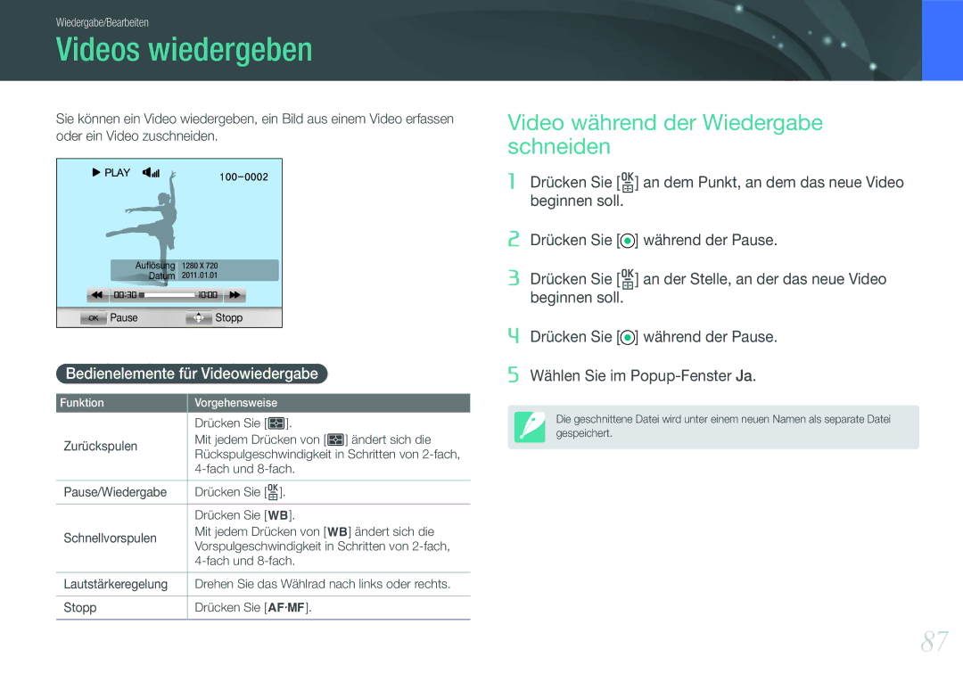 Samsung EV-NX11ZZBCBDE Videos wiedergeben, Video während der Wiedergabe schneiden, Bedienelemente für Videowiedergabe 