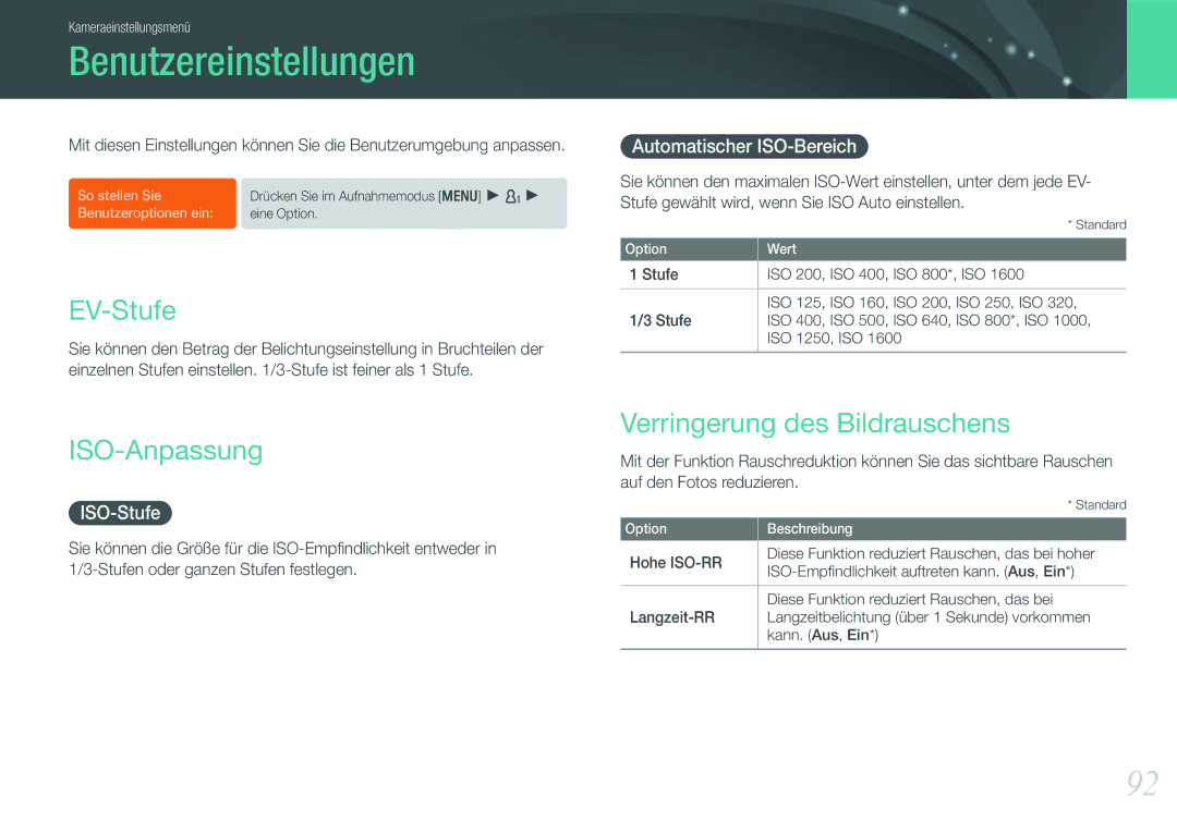 Samsung EV-NX11ZZBABUS Benutzereinstellungen, ISO-Anpassung, Verringerung des Bildrauschens, Automatischer ISO-Bereich 