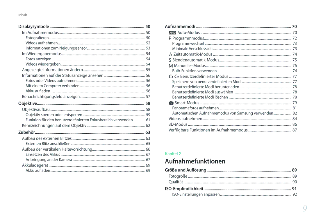 Samsung EV-NXF1ZZB1QDE, EV-NX1ZZZBMBDE manual Displaysymbole, Objektive, Zubehör, Aufnahmemodi, Größe und Auflösung 