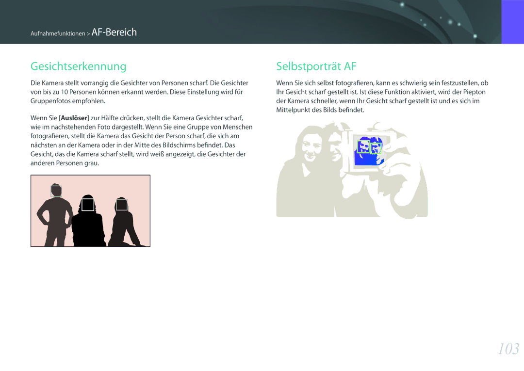 Samsung EV-NXF1ZZB4HDE, EV-NX1ZZZBMBDE, EV-NXF1ZZB2JDE, EV-NXF1ZZB1HDE manual 103, Gesichtserkennung, Selbstporträt AF 