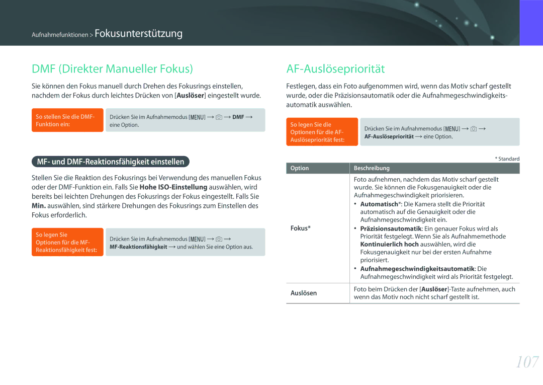 Samsung EV-NXF1ZZB2QDE 107, DMF Direkter Manueller Fokus, AF-Auslösepriorität, MF- und DMF-Reaktionsfähigkeit einstellen 