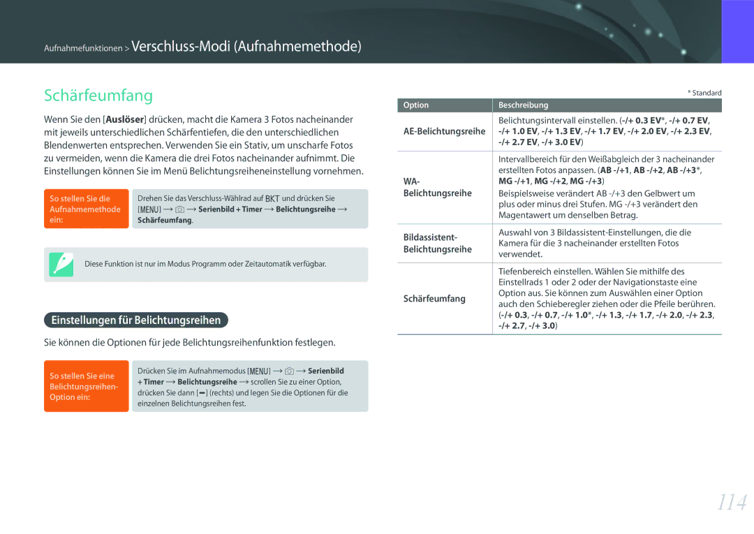 Samsung EV-NXF1ZZB2KDE, EV-NX1ZZZBMBDE, EV-NXF1ZZB2JDE manual 114, Schärfeumfang, Einstellungen für Belichtungsreihen 